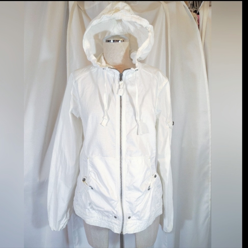 Eddie Bauer Jean Jacket, Women Lightweight White, ZipUp, Pockets, Waist Toggle,S